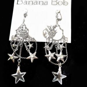 Banana Bob sun and stars 4” chandelier silver pierced earrings with crystals